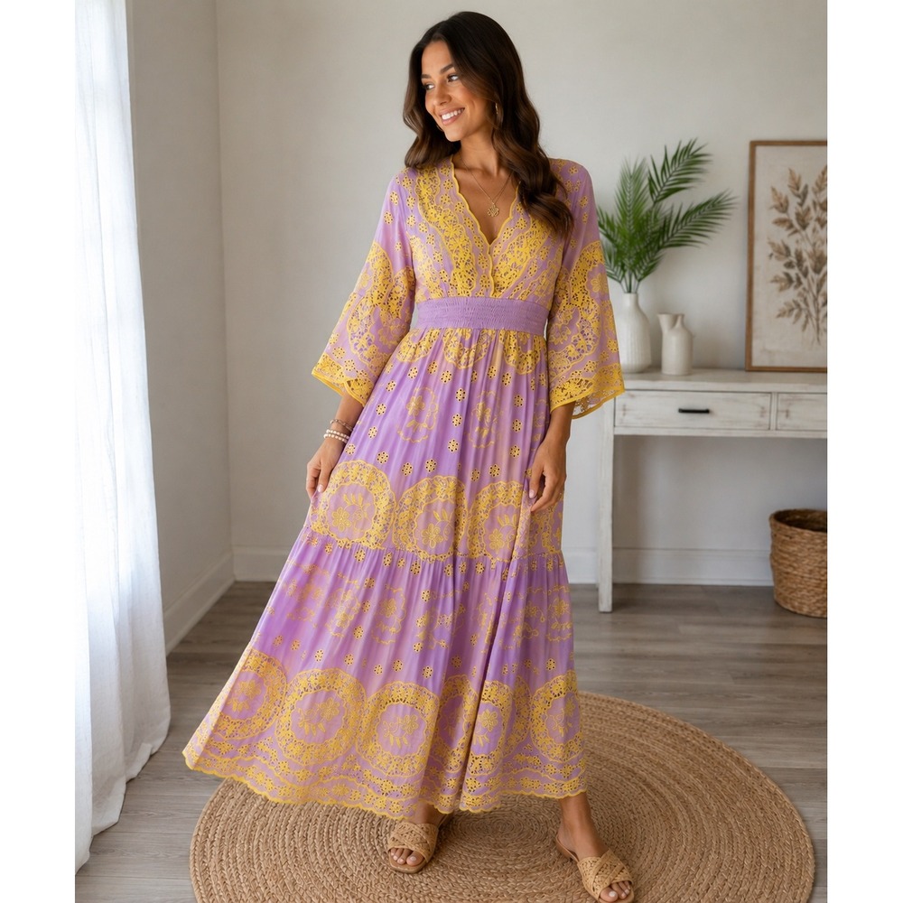 ADDCONFDT Lavender Yellow Embroidered Crochet Maxi Dress Size S NWT